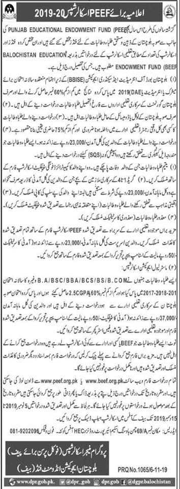 PEEF Scholarship for balochistan students