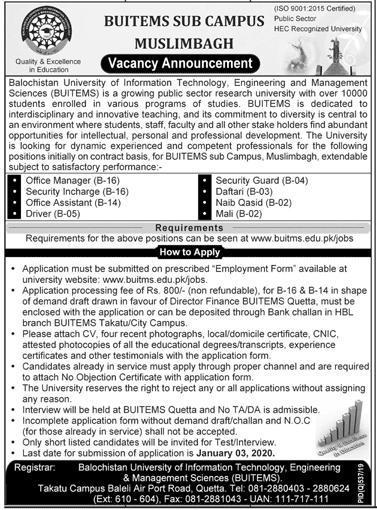 Balochistan University Of Information Technology Engineering And Management Sciences Buitems Jobs January 2020