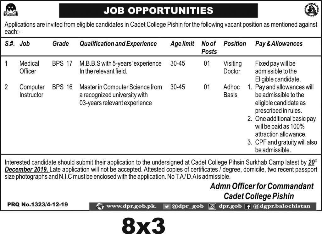 Cadet college Pishin Jobs 2019 Balochistan 1 Jobs in balochistan 2020