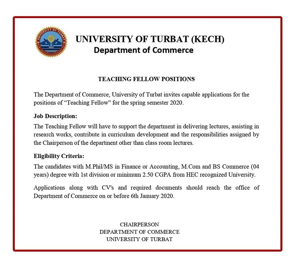Teaching Fellow Positions in the Department of Commerce in UOT 1 Teaching Fellow Positions in the Department of Commerce.