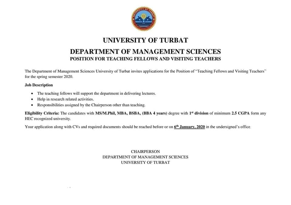 Teaching Fellow and Visiting Teachers Positions in the Department of Management Sciences. 1 Teaching Fellow and Visiting Teachers Positions in the Department of Management Sciences.
