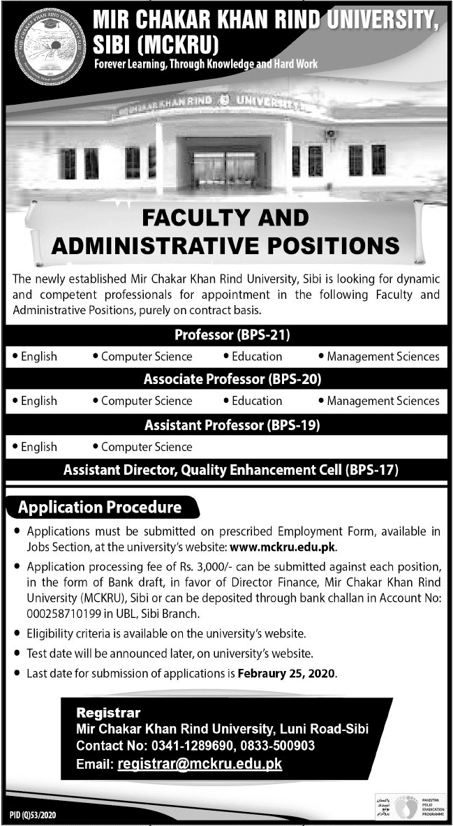 Mir Chakar Khan rind University Sibi jobs 2020