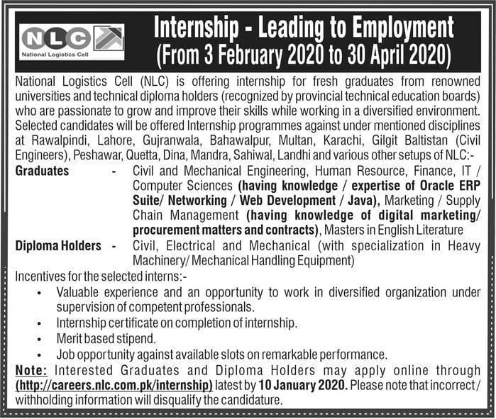 National Logistics Cell NLC Internship Program for Graduates and Diploma Holders Jobs January 2020