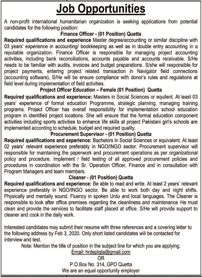 P.O Box No 314, GPO Quetta Jobs 2020 1 quetta jobs 2020