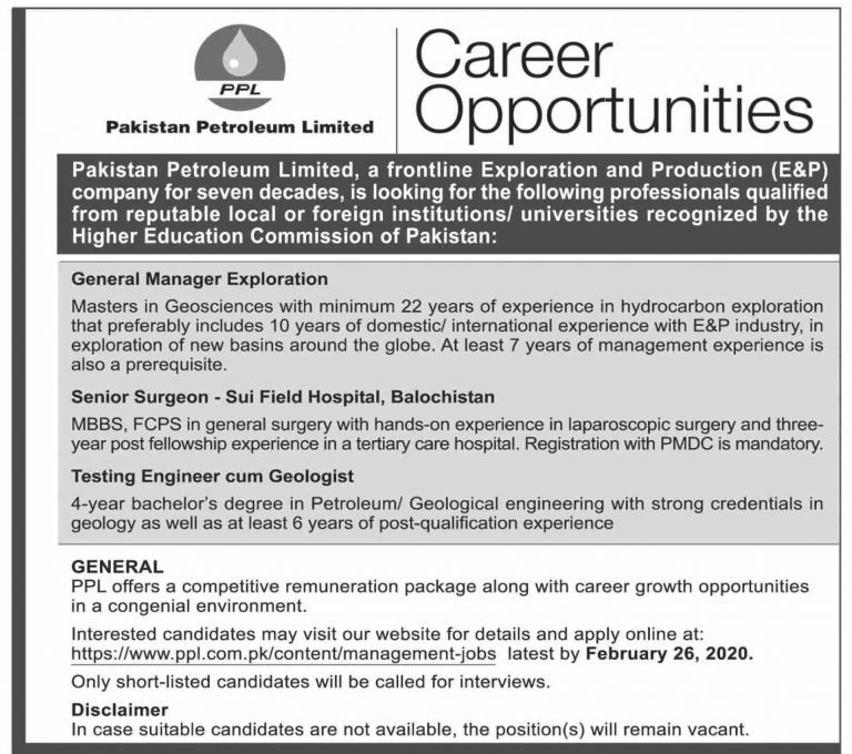Latest Jobs in Pakistan Petroleum Limited PPL February 2020