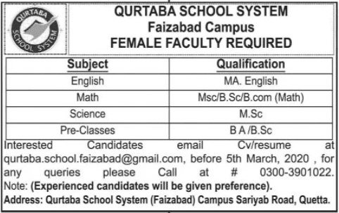 Qurtaba School System Faizabad Campus Jobs 2020 1 Qurtaba School System Faizabad Campus Jobs 2020