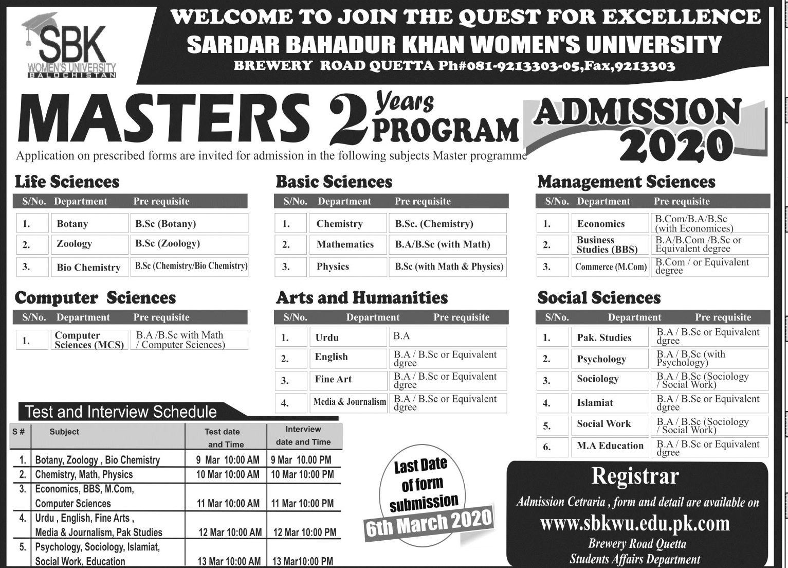 Sardar Bahadur Khan Womens University Quetta Admissions