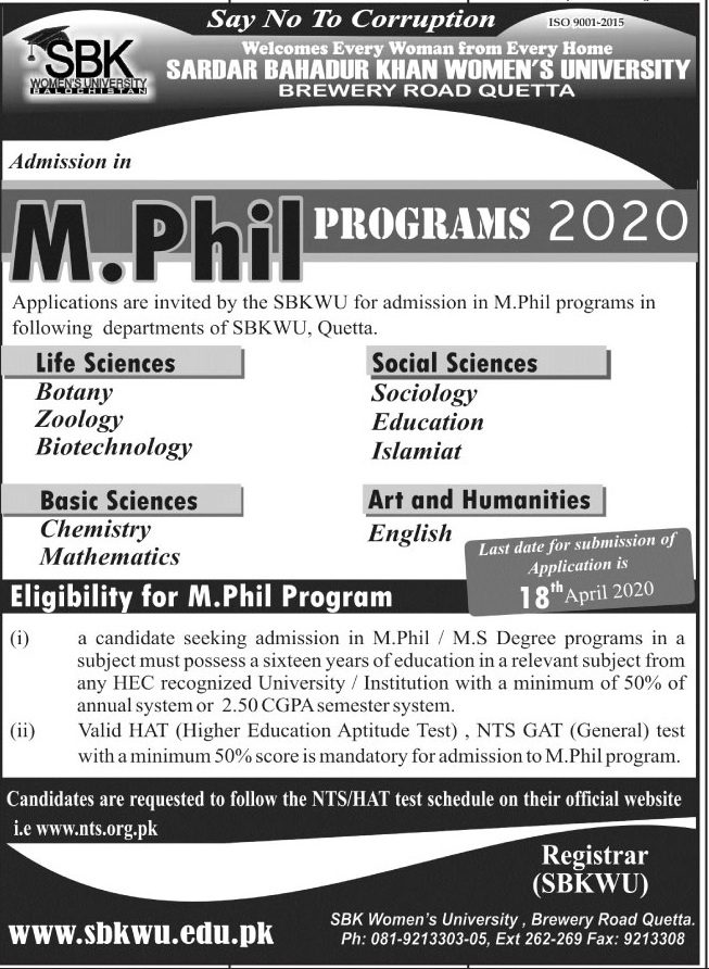 Sardar Bahadur Khan Womens University M.phil Admission 2020