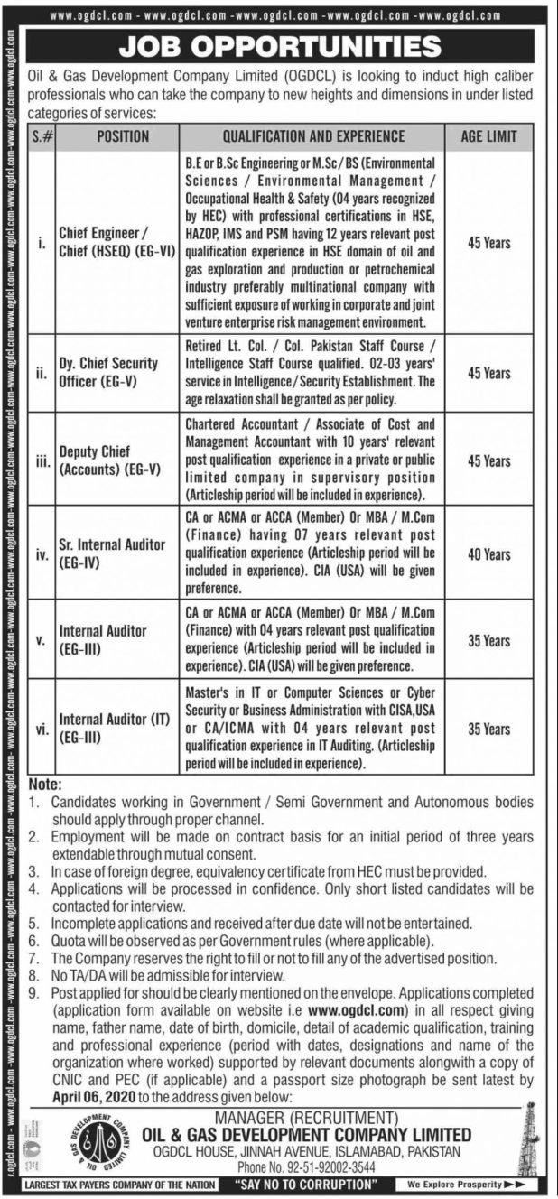 Oil & gas Development Company Limited OGDCL March 2020 Latest Jobs