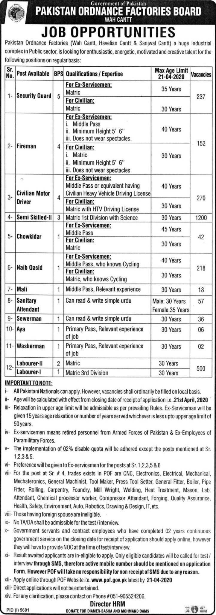 Pakistan Ordnance Factories POF Jobs April 2020 (2760 Vacancies)