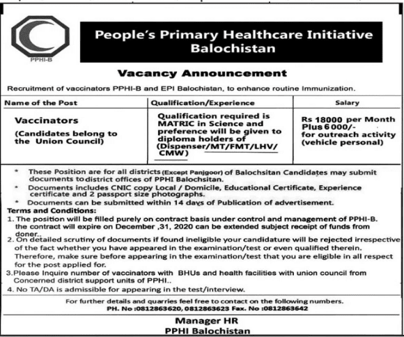 Jobs in People's primary healthcare initiative PPHI balochistan 2020 1 PPHI Jobs 2020