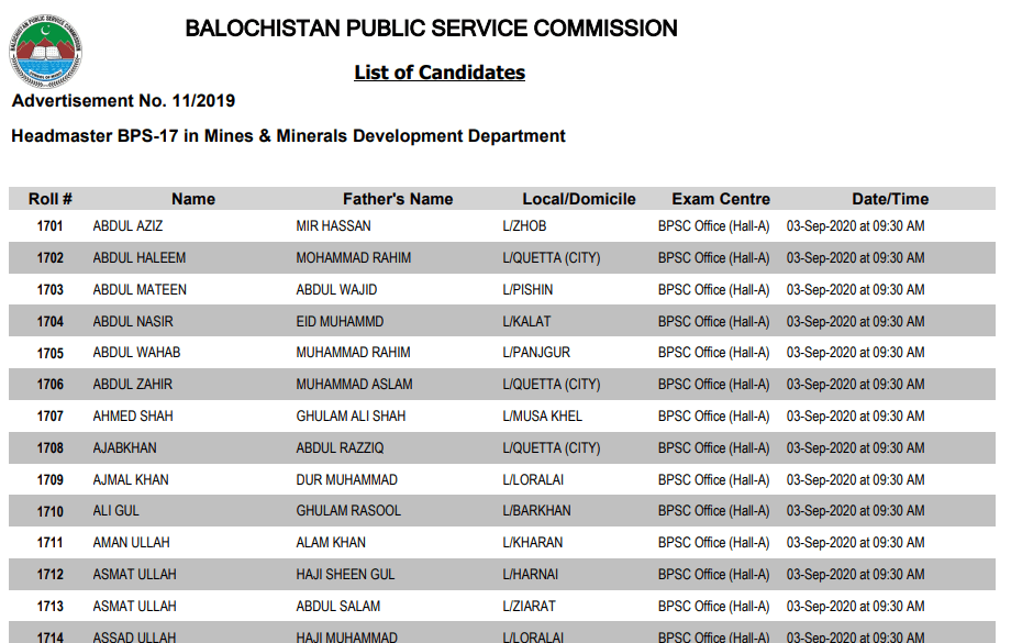 Headmaster BPS-17 in Mines & Minerals Development Department BPSC Exam Schedule 2020 1 bpsc jobs