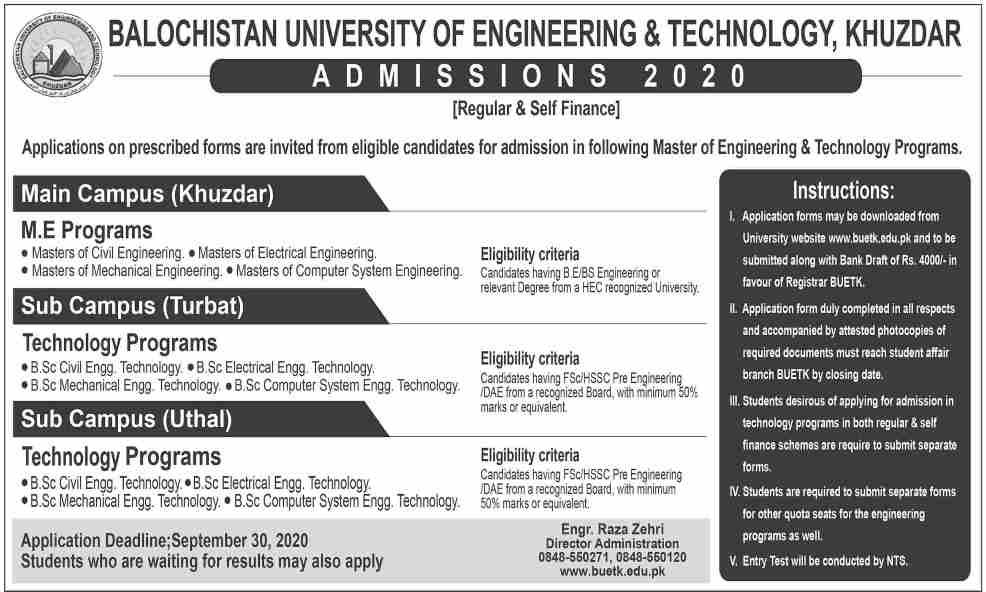 balochistan university of engineering technology khuzdar admission 23 8 20