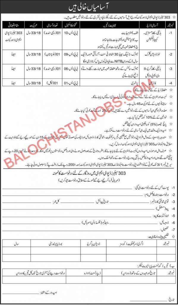 Pak Army Jobs 2021 in 303 Spares Depot EME Lahore Cantt