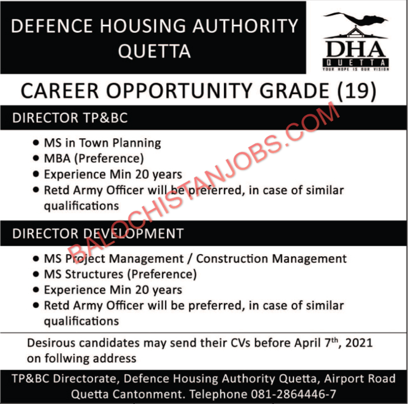 DHA Quetta Jobs 2021