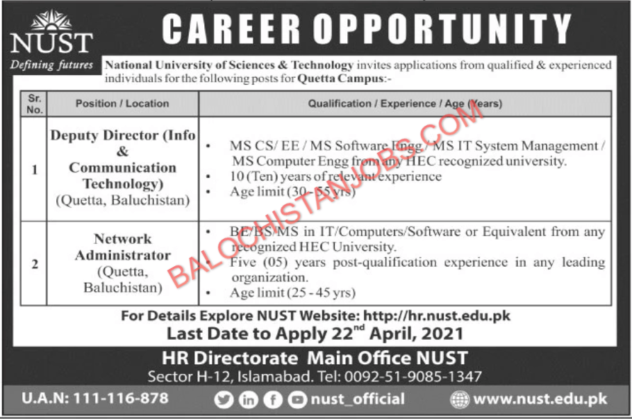 National University Of Sciences & Technology NUST Quetta Jobs 2021