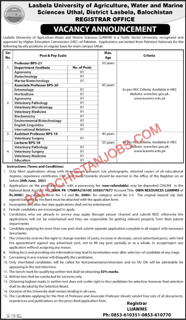 LUWAMS University Teaching Jobs 2021 - Lasbela University Jobs 2021 ...