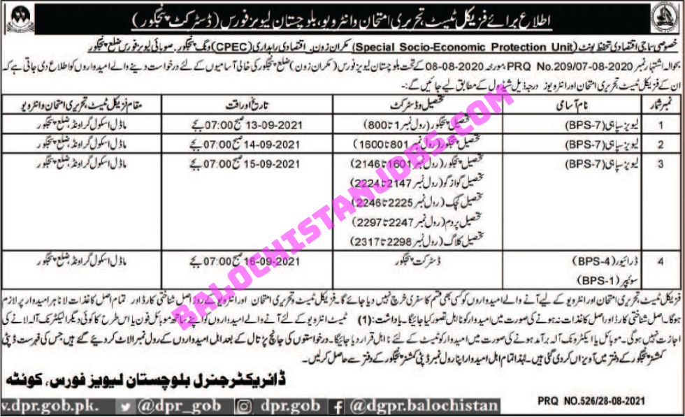Balochistan Levis Force Panjgur Test/interview Schedule 2021