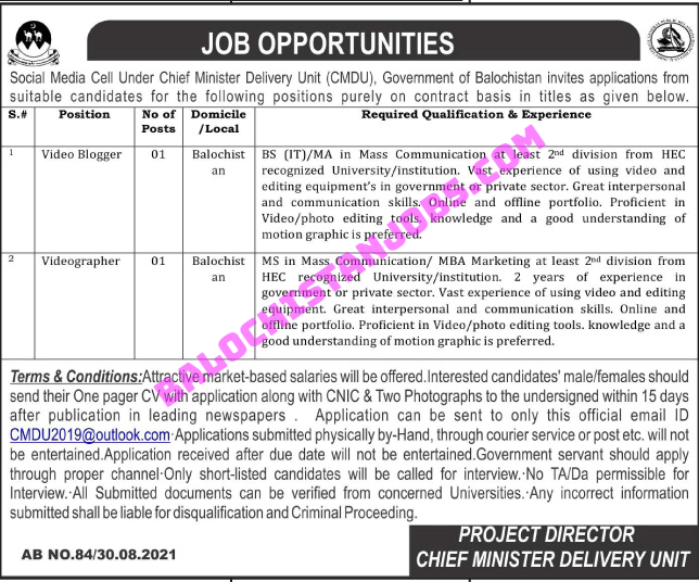 Chief Minister Delivery Unit CMDU Balochistan Jobs 2021