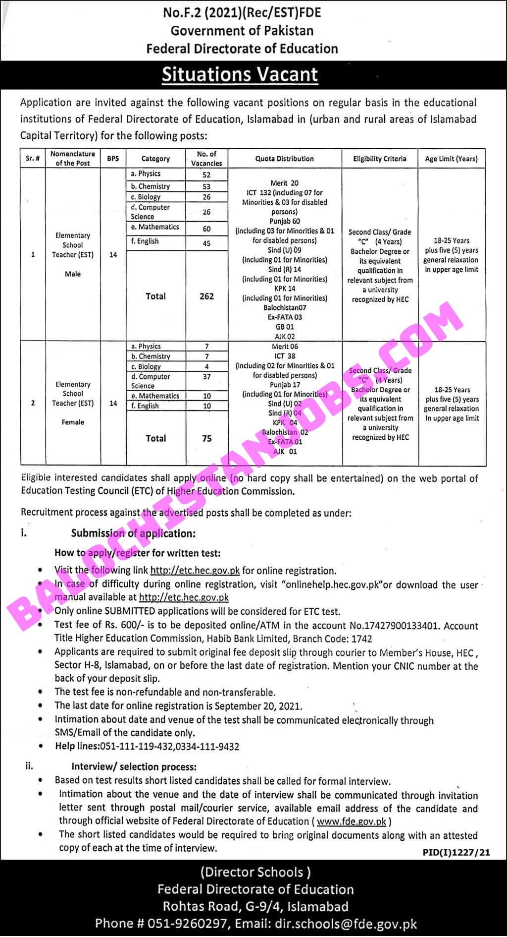 Federal Directorate Of Education Fde Jobs 2021 Apply Online Balochistan Jobs Alert