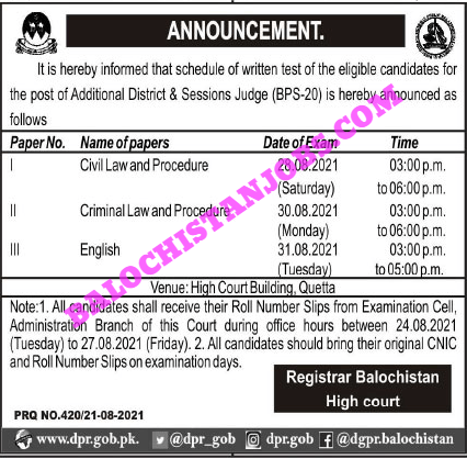 Balochistan High Court Test Schedule 2021