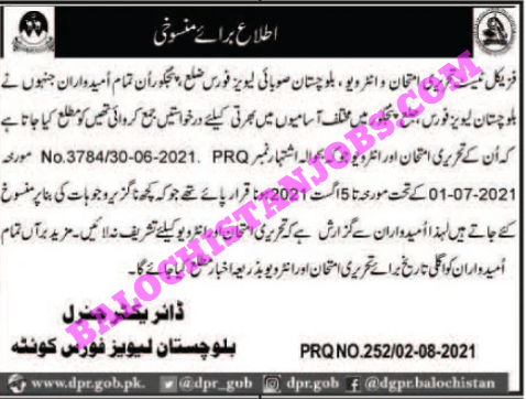 Cancellation of Test and Interview Balochistan levis force