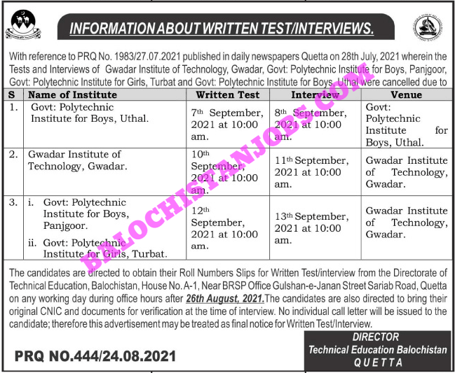Technical Education Balochistan Interview Schedule 2021