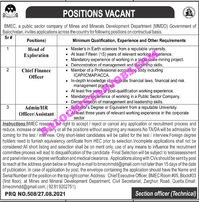 Balochistan Mines and Mineral Development Department Jobs 2021