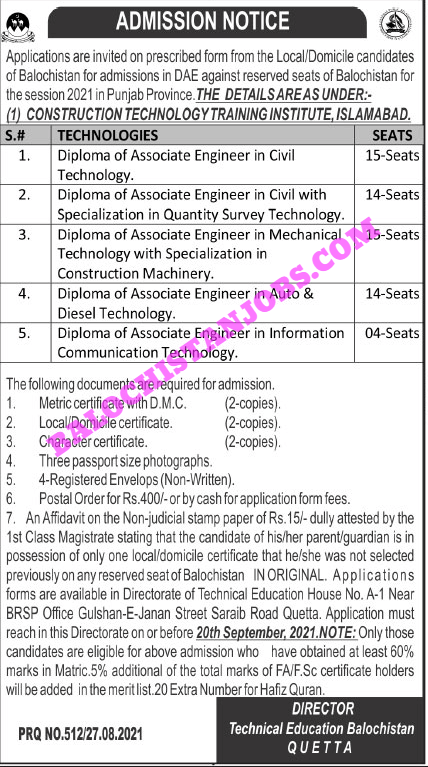 Balochistan Reserved Seats In Punjab For DAE 2021 - Balochistan Jobs Alert