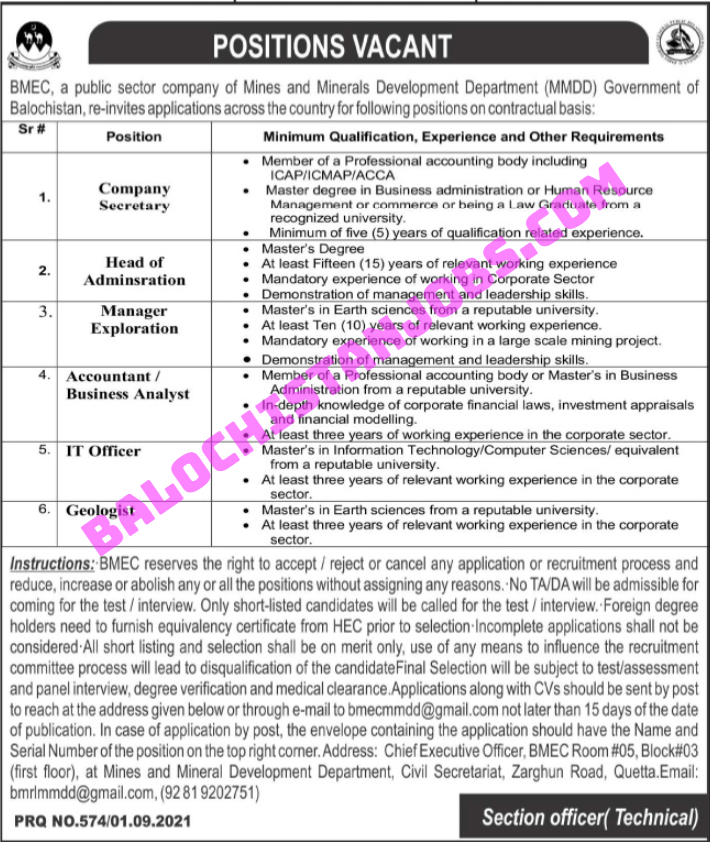 BMEC Balochistan Mines and Mineral Development Department Jobs 2021