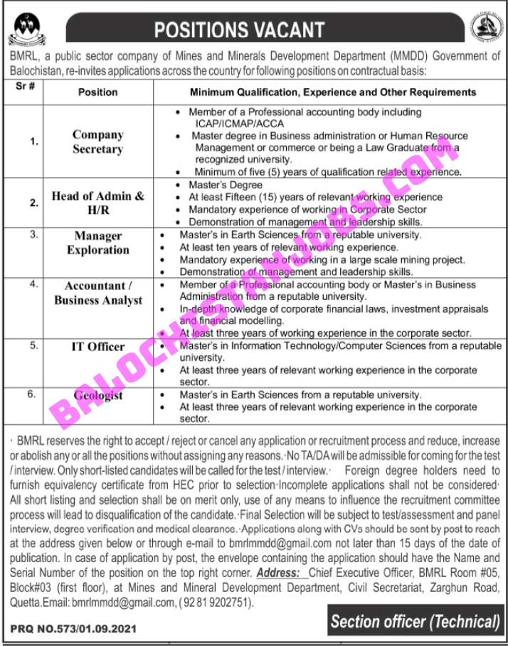 BMRL Balochistan Mines and Mineral Development Department Jobs 2021