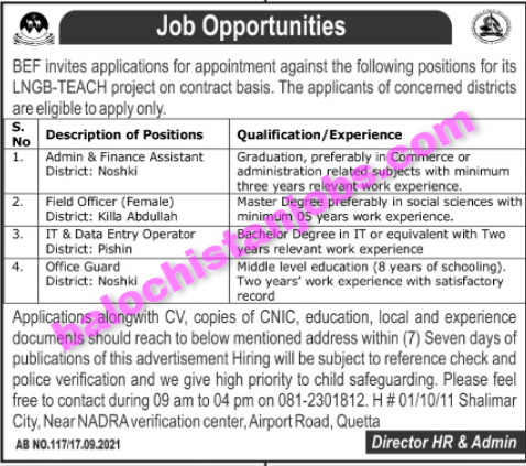 Balochistan Education foundation BEF Jobs 2021