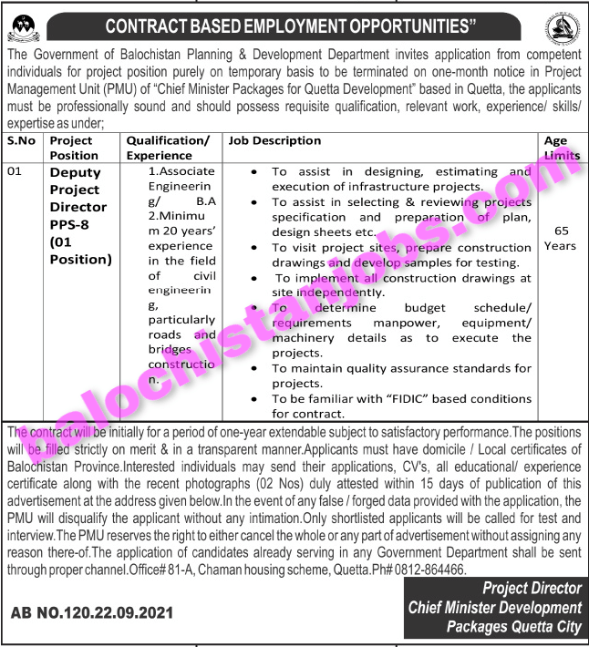 Chief Minister Development Package Quetta jobs 2021