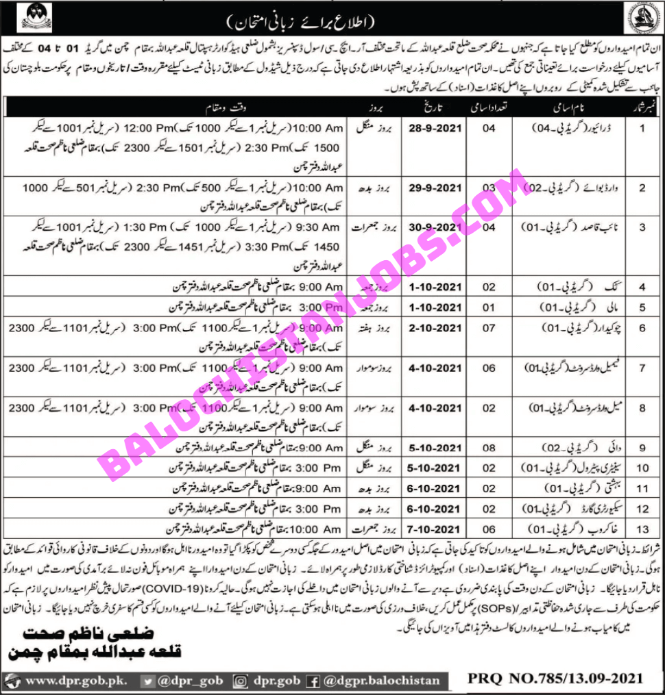 Health Department Killa Abdullah Chaman Interview Schedule 2 Health Department Killa Abdullah Chaman Interview Schedule