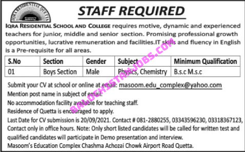 Iqra Residential School and College Quetta Jobs 2021 1 Jang Quetta Daily Jang Epaper Urdu Newspaper Pakistan News 14 78u2021 Page 3 1