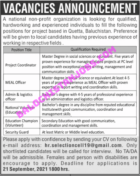 Jobs In NGOs Quetta Balochistan 2021