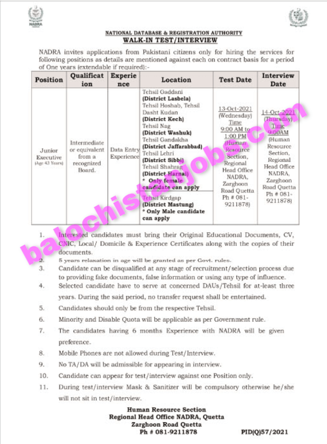 NADRA Balochistan Jobs 2021