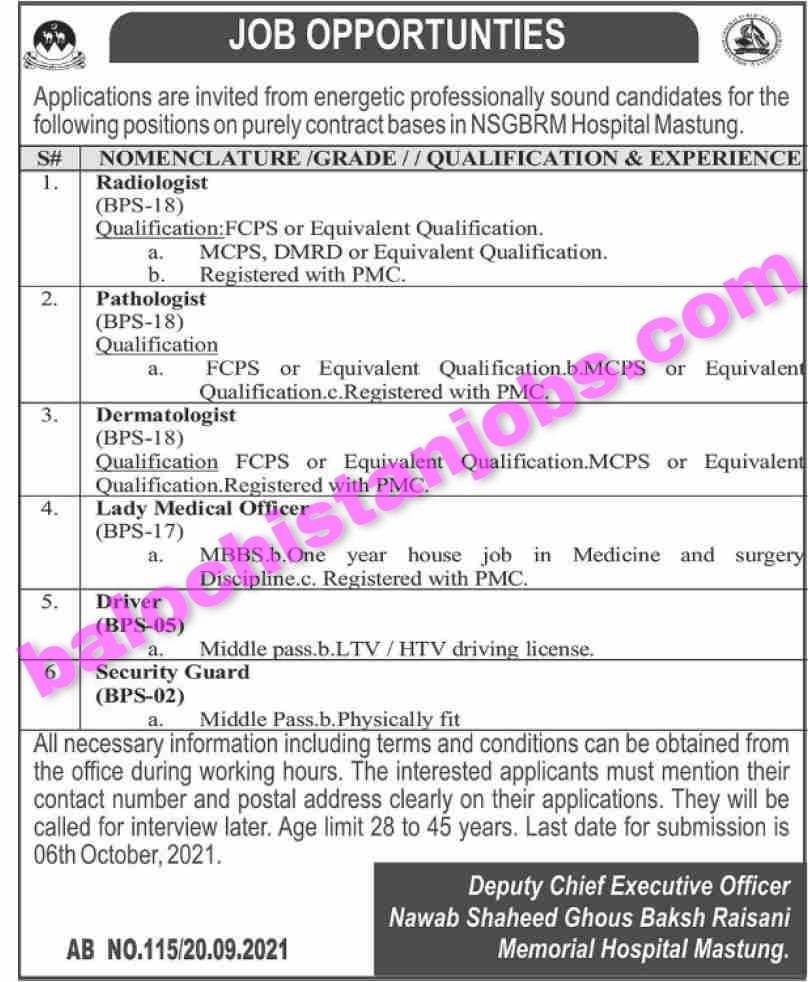NSGBRM Hospital Mastung Jobs 2021 - Medical Jobs