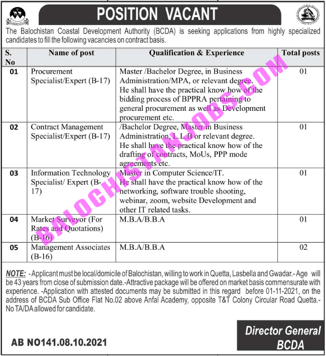 Balochistan Coastal Development Department BCDA Jobs 2021