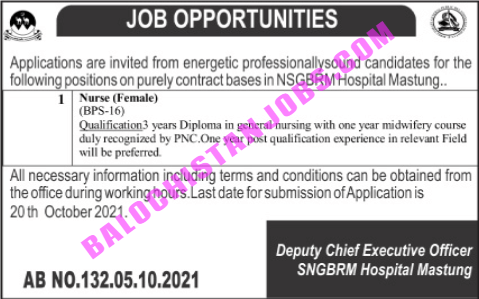 Female Nurse Jobs in Mastung Shaheed Nawab Ghous Bakhsh Raisani Memorial Hospital 2021