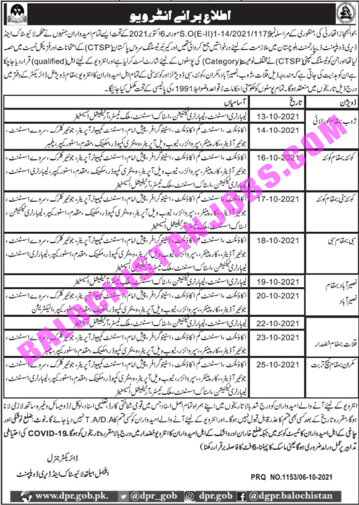 Livestock & Dairy development Department Balochistan Interview Schedule 2021