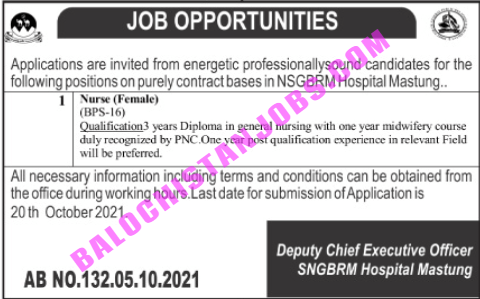 NSGBRM Hospital Mastung Jobs 2021 - staff Nurse Jobs