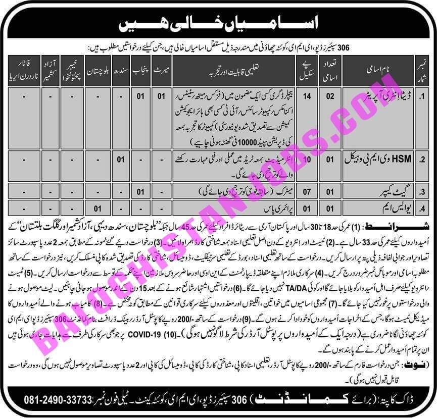 Pak Army 306 Spares Depot EME Quetta Jobs 2021