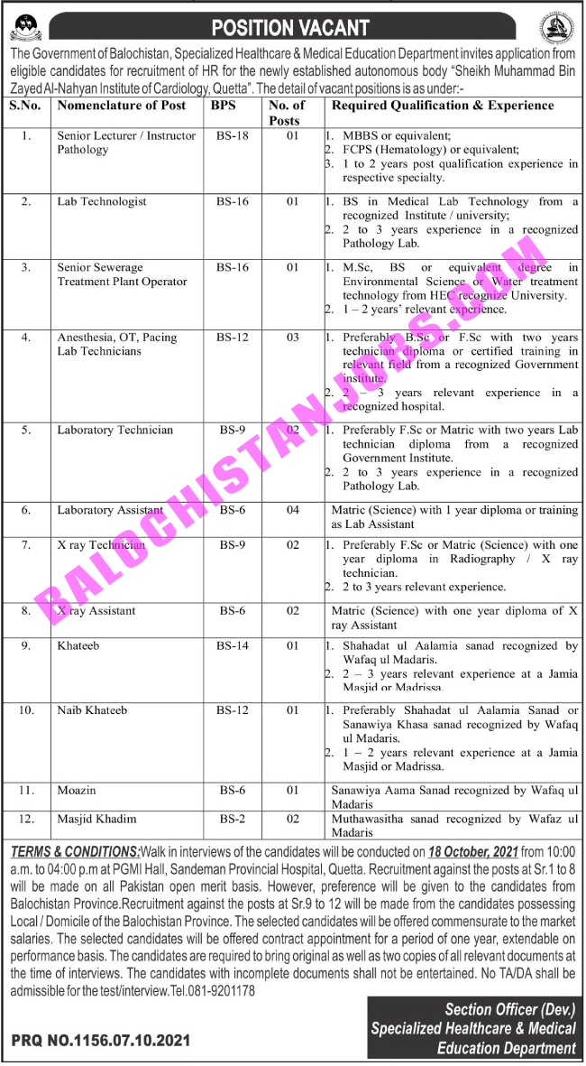 Specialized Healthcare & Medical Education Balochistan Jobs 2021