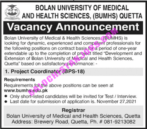 BUMHS Quetta Jobs 2021