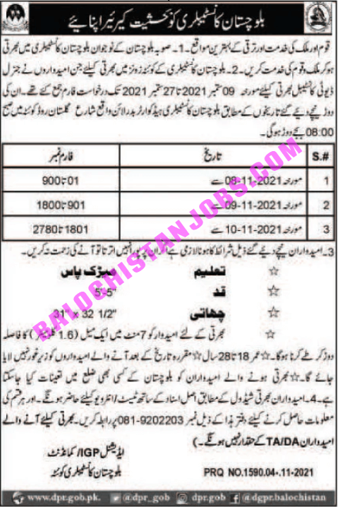 Balochistan Constabulary BC Quetta Zone Jobs 2021