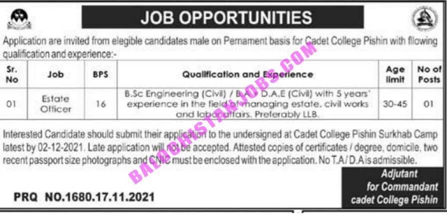 Cadet College Pishin Estate Officer Jobs 2021 