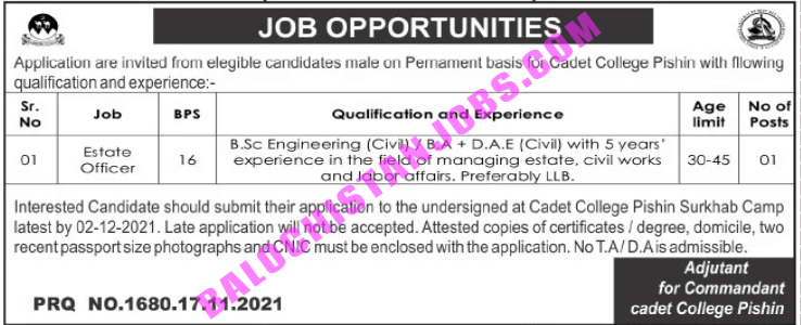 Cadet College Pishin Estate Officer Jobs 2021