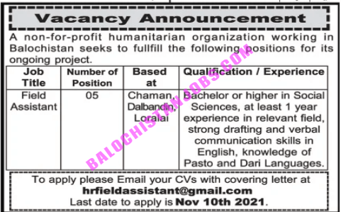 Humanitarian Organization Jobs in Balochistan 2021