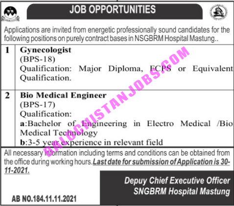 Jobs In SNGBRM Hospital Mastung 2021